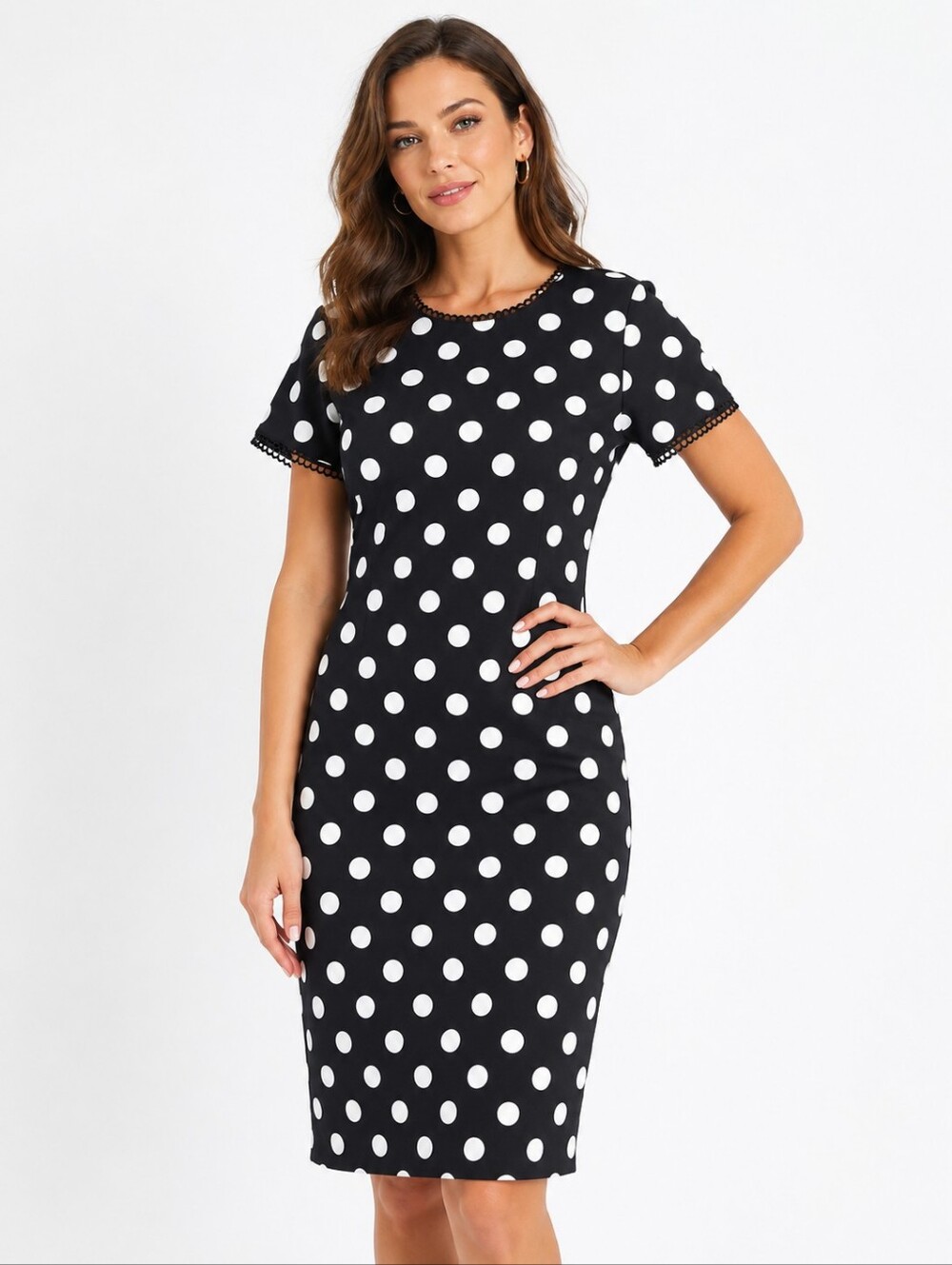 Karl Lagerfeld Paris Black White Polka Dot Scalloped Trim Retro Mod Sheath Dress